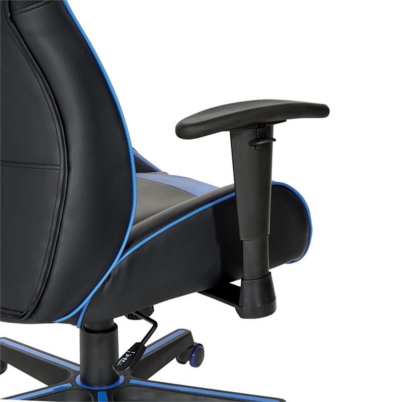 Pemberly Row Gaming Chair in Black Faux Leather with Blue Accents