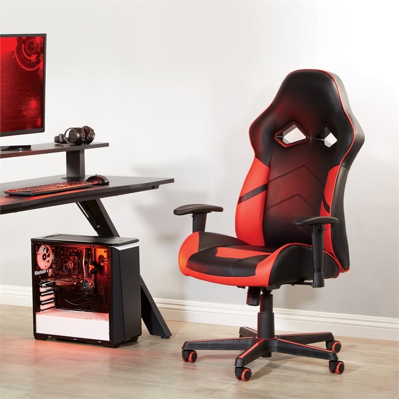 Pemberly Row Gaming Chair in Black Faux Leather with Red Accents