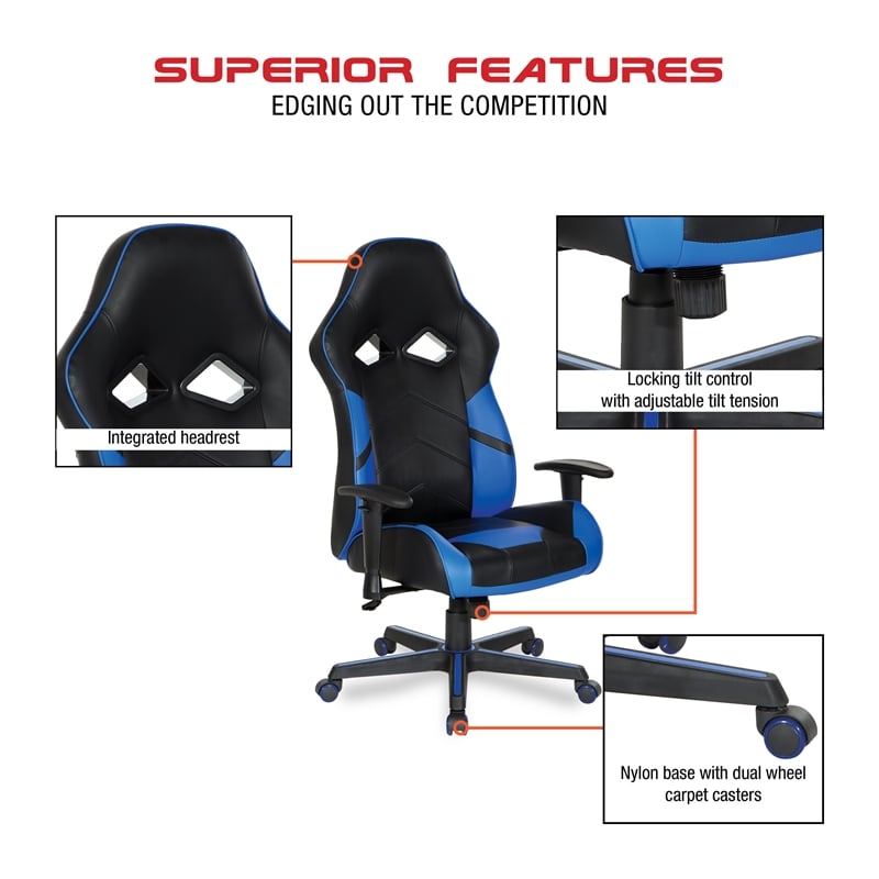 Pemberly Row Gaming Chair in Black Faux Leather with Red Accents