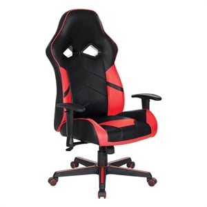 Pemberly Row Gaming Chair in Black Faux Leather with Red Accents