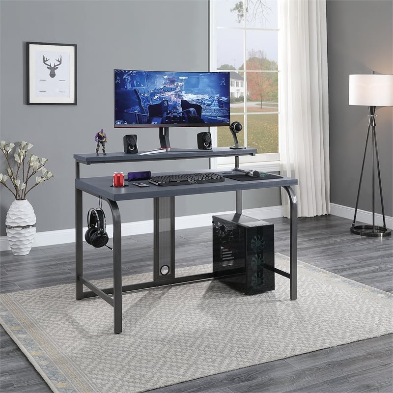 Pemberly Row Contemporary 48-Inch Gaming Desk in Gray Steel Metal