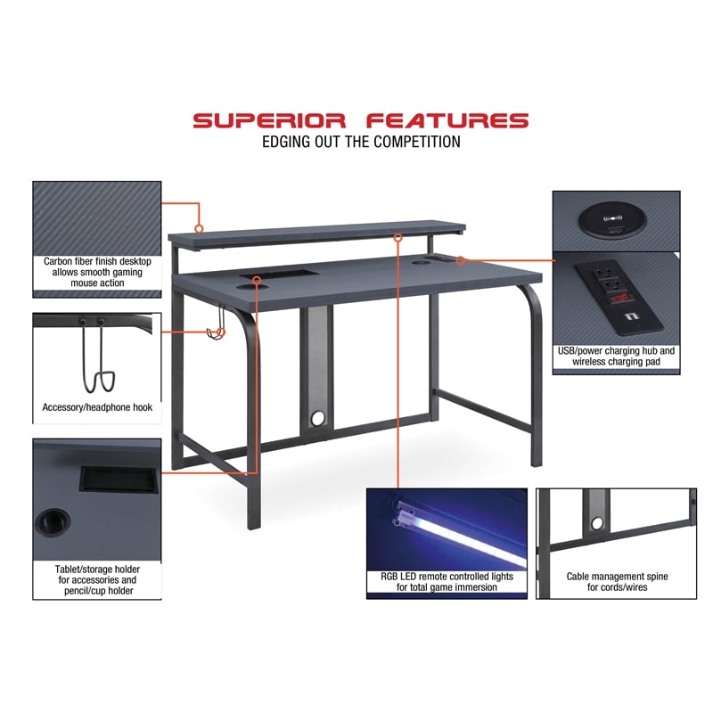 Pemberly Row Contemporary 48-Inch Gaming Desk in Gray Steel Metal