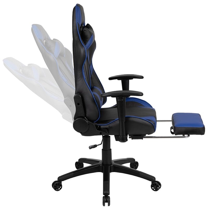 Pemberly Row Leather Racing Reclining Gaming Chair in Black and Blue