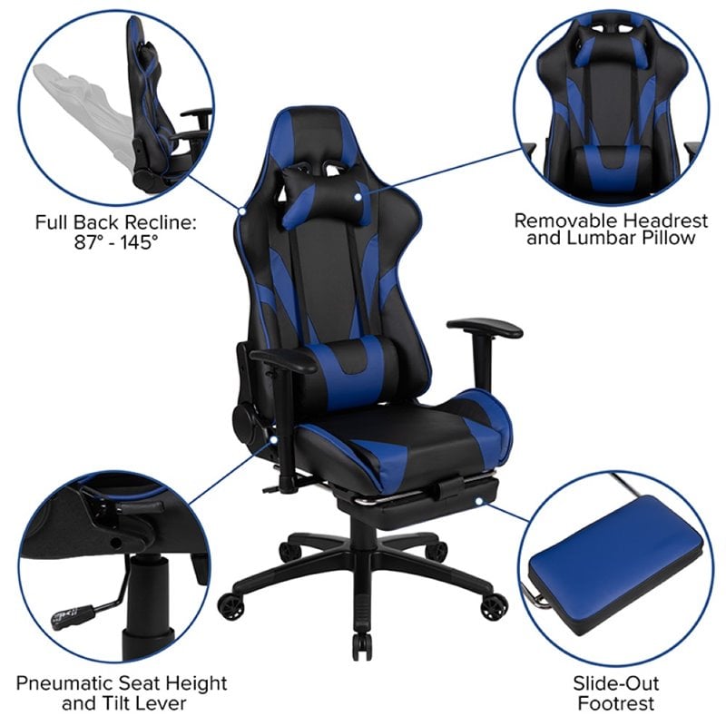 Pemberly Row Leather Racing Reclining Gaming Chair in Black and Blue