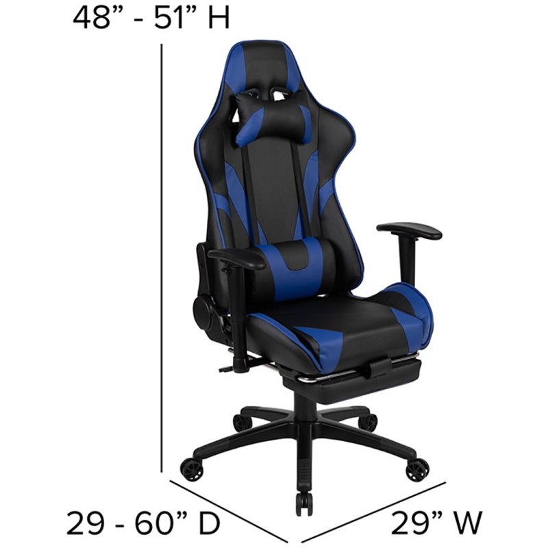 Pemberly Row Leather Racing Reclining Gaming Chair in Black and Blue