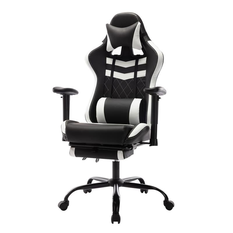 Pemberly Row Faux Leather Swivel Gaming Chair in White and Black