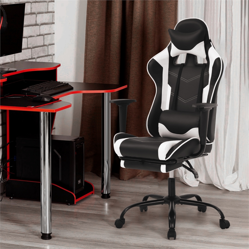 Pemberly Row Faux Leather Swivel Gaming Chair in White and Black