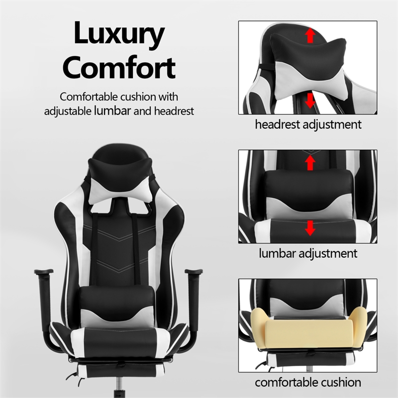 Pemberly Row Faux Leather Swivel Gaming Chair in White and Black