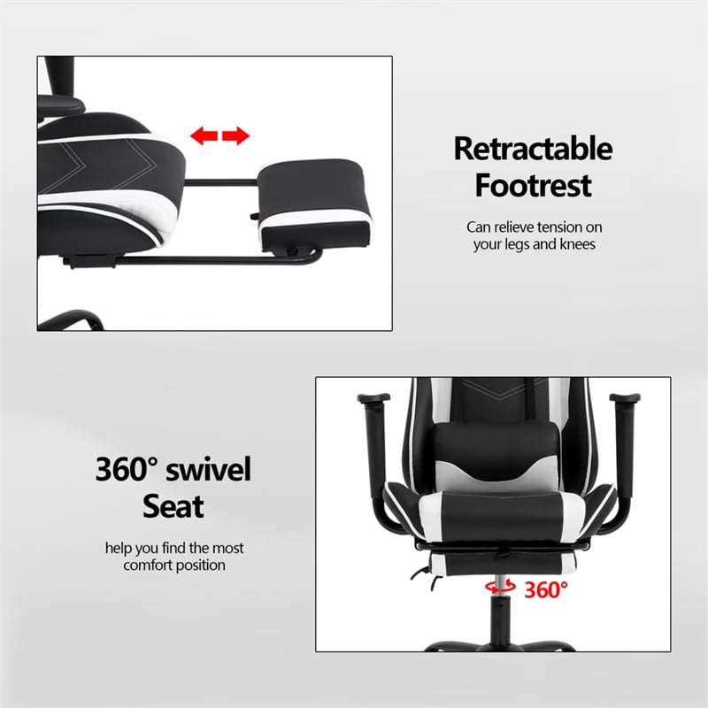 Pemberly Row Faux Leather Swivel Gaming Chair in White and Black