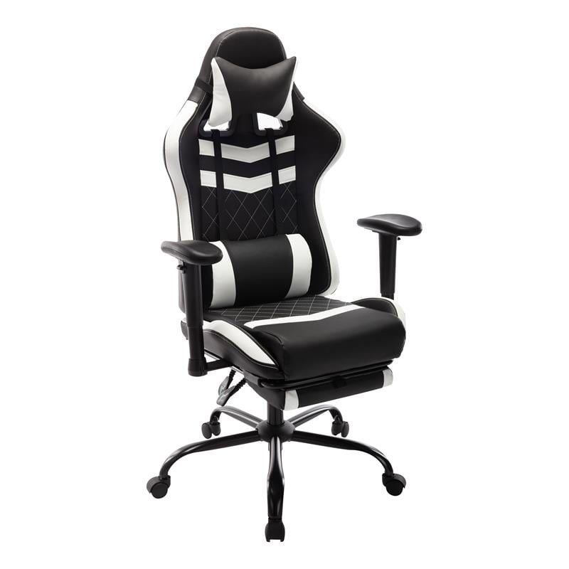 Pemberly Row Faux Leather Swivel Gaming Chair in White and Black