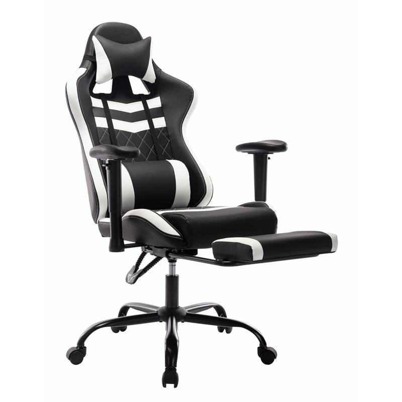 Pemberly Row Faux Leather Swivel Gaming Chair in White and Black