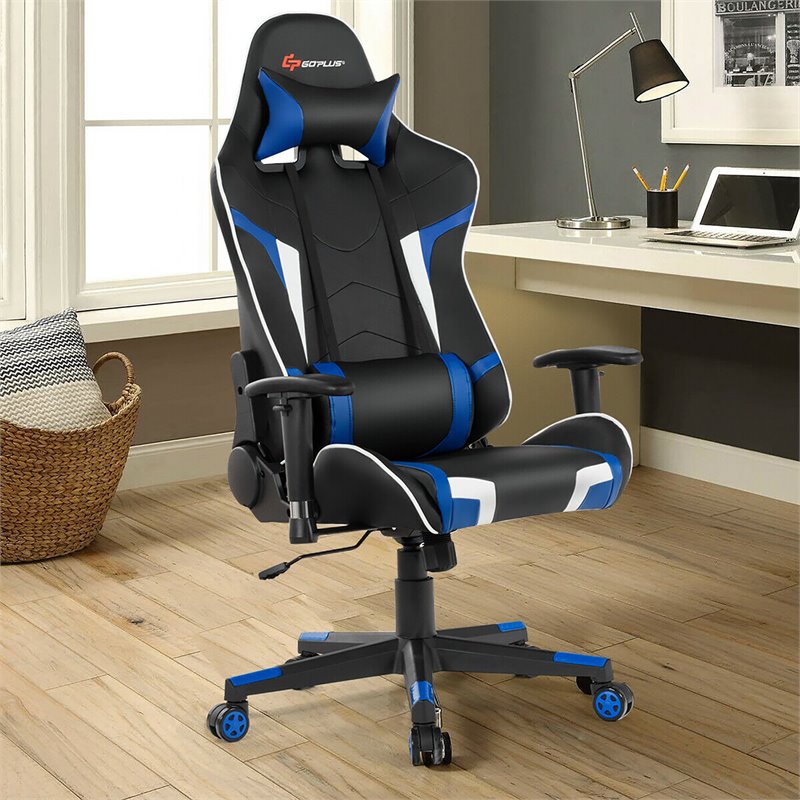 Pemberly Row Sponge & Metal Blue Swivel Massage Gaming Chair with Lumbar Support