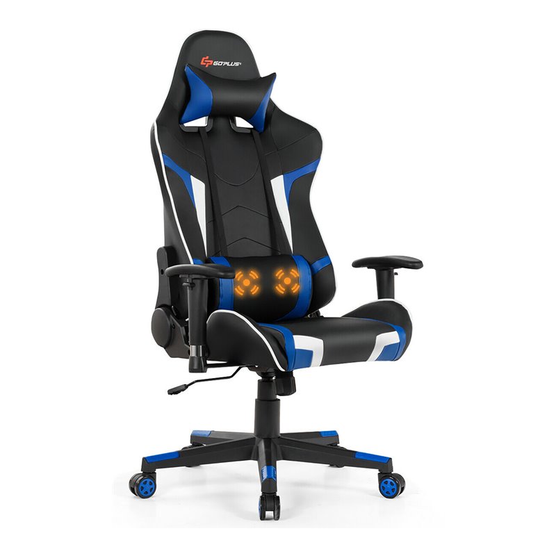 Pemberly Row Sponge & Metal Blue Swivel Massage Gaming Chair with Lumbar Support
