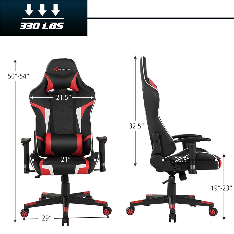 Pemberly Row Sponge & Metal Red Swivel Massage Gaming Chair with Lumbar Support