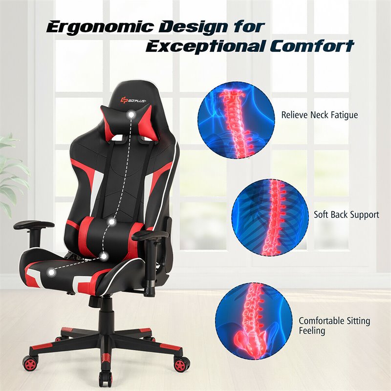 Pemberly Row Sponge & Metal Red Swivel Massage Gaming Chair with Lumbar Support