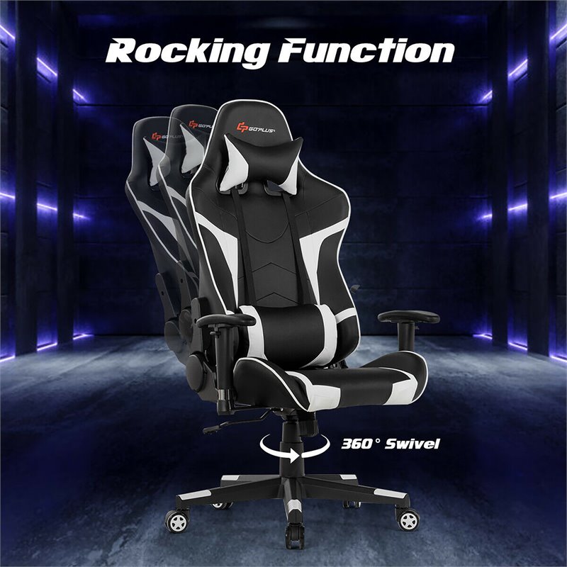 Pemberly Row Sponge & Metal White Swivel Massage Lumbar Support Gaming Chair