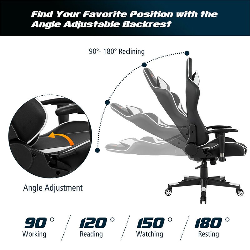 Pemberly Row Sponge & Metal White Swivel Massage Lumbar Support Gaming Chair