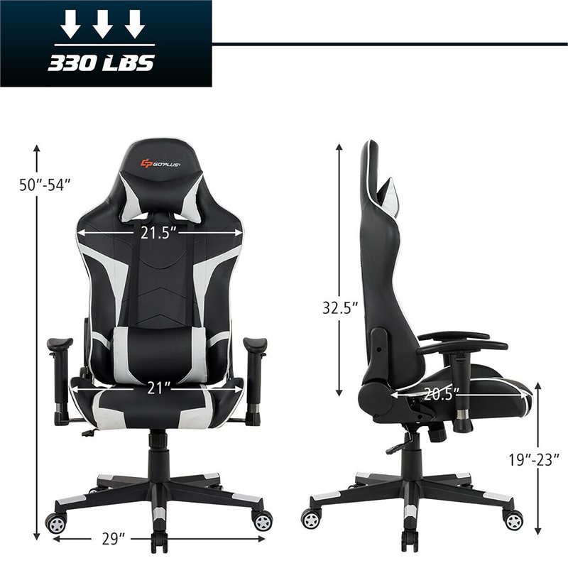 Pemberly Row Sponge & Metal White Swivel Massage Lumbar Support Gaming Chair