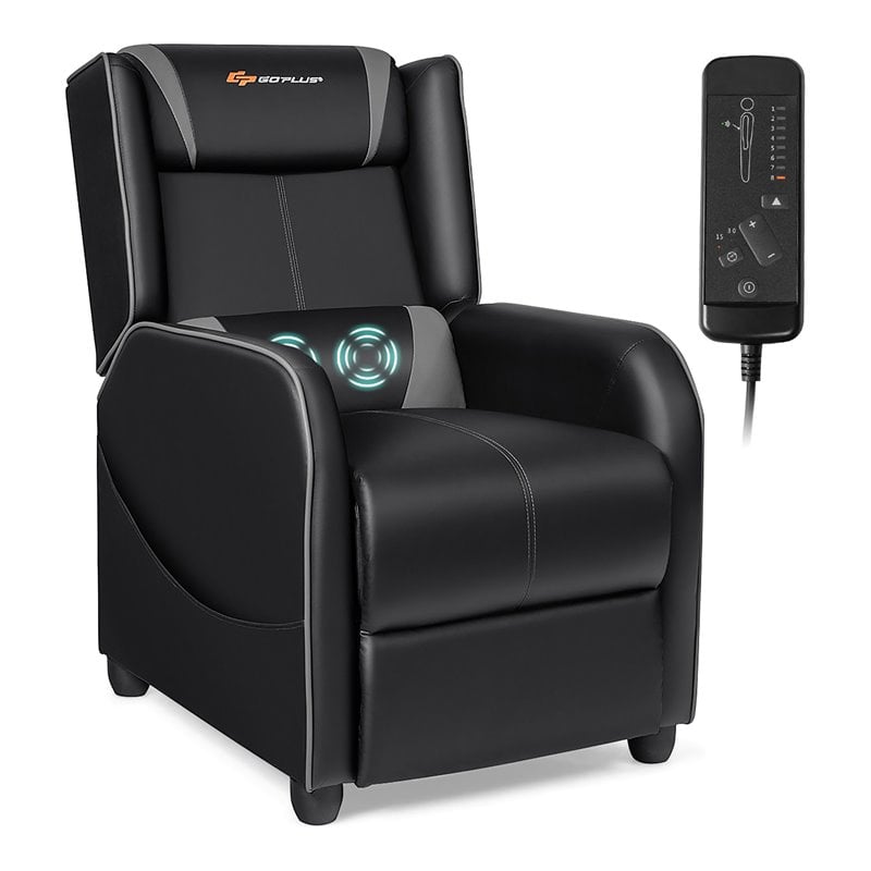 Pemberly Row Contemporary Faux Leather Massage Gaming Recliner Chair in Gray