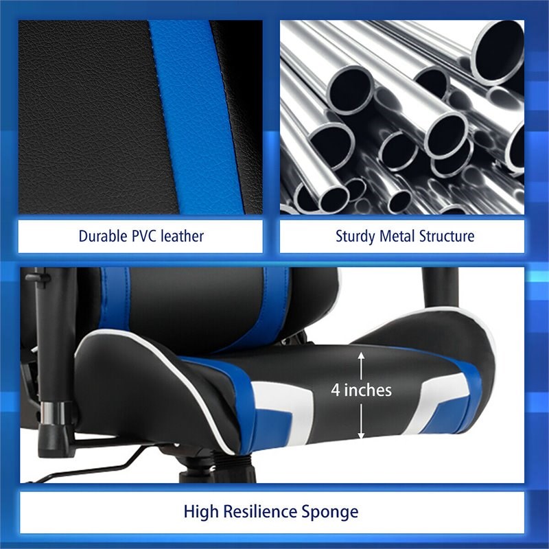 Pemberly Row Faux Leather Blue Swivel Massage Gaming Chair with Lumbar Support