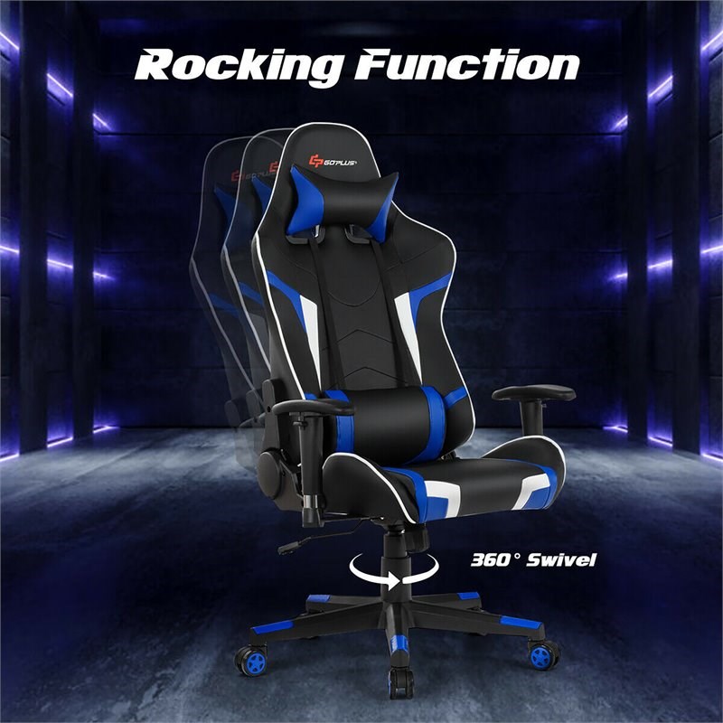 Pemberly Row Faux Leather Blue Swivel Massage Gaming Chair with Lumbar Support