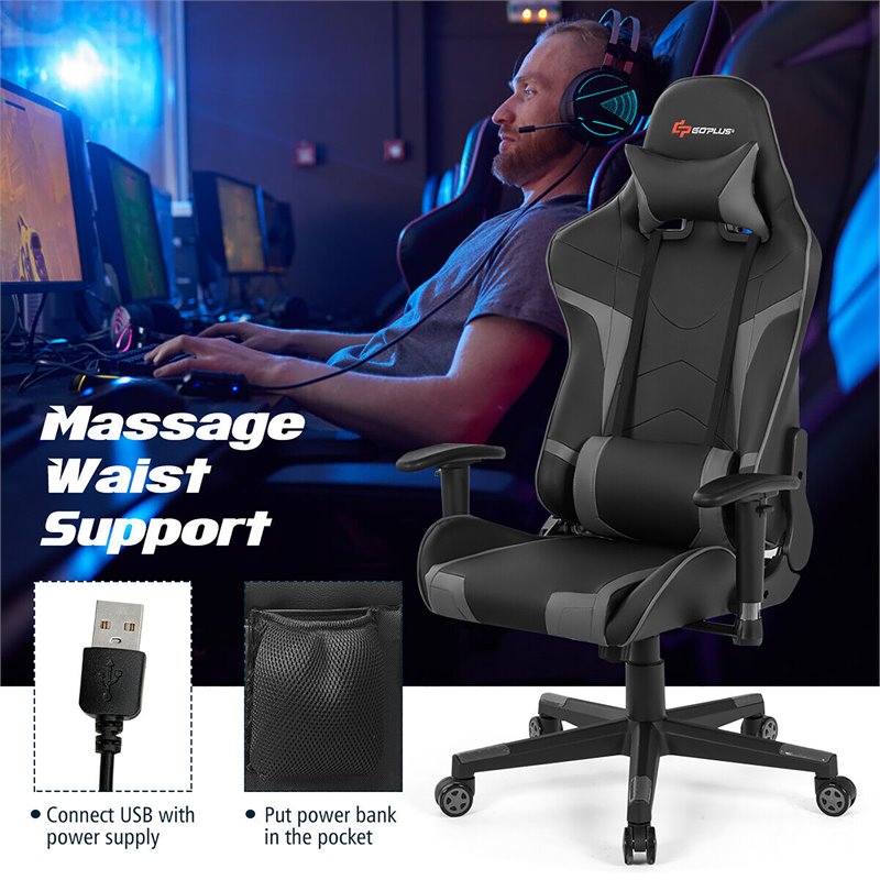Pemberly Row Faux Leather Gray Swivel Massage Gaming Chair with Lumbar Support