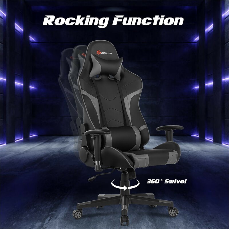 Pemberly Row Faux Leather Gray Swivel Massage Gaming Chair with Lumbar Support