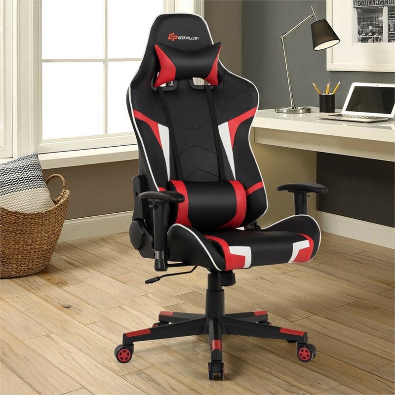 Pemberly Row Faux Leather Swivel Massage Gaming Chair with Lumbar Support in Red