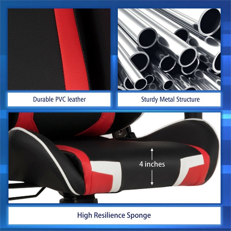 Pemberly Row Faux Leather Swivel Massage Gaming Chair with Lumbar Support in Red