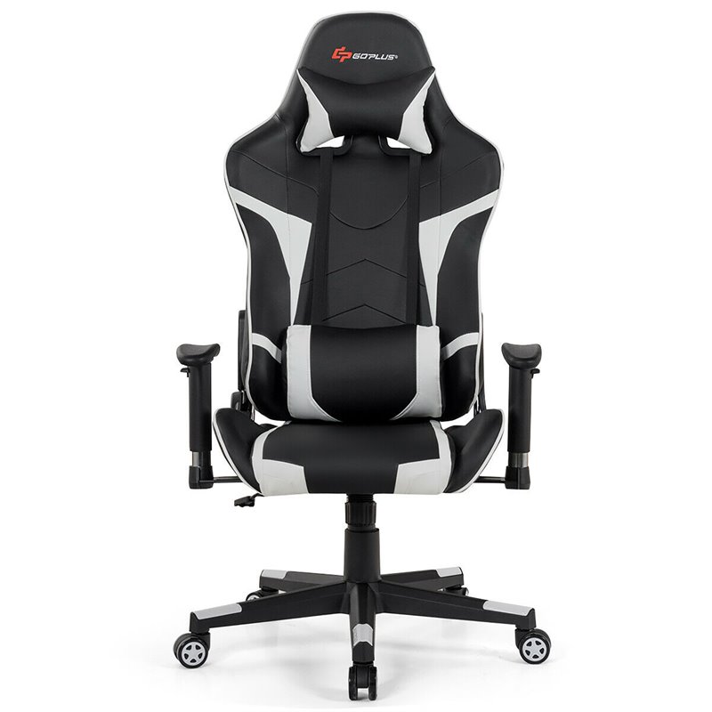 Pemberly Row Faux Leather White Swivel Massage Gaming Chair with Lumbar Support