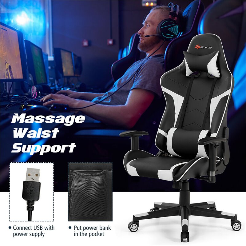Pemberly Row Faux Leather White Swivel Massage Gaming Chair with Lumbar Support