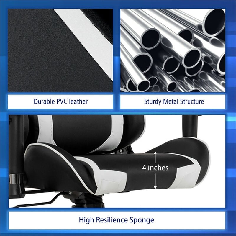 Pemberly Row Faux Leather White Swivel Massage Gaming Chair with Lumbar Support