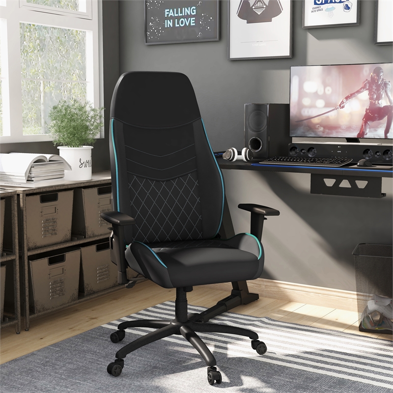 Pemberly Row Faux Leather Adjustable Gaming Chair in Black & Blue