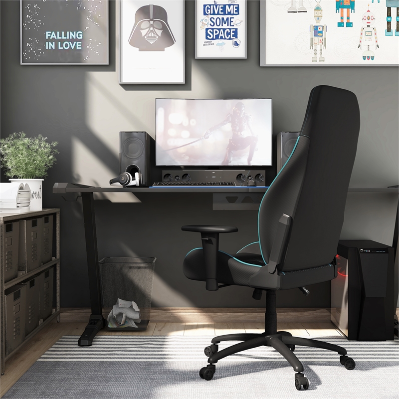 Pemberly Row Faux Leather Adjustable Gaming Chair in Black & Blue