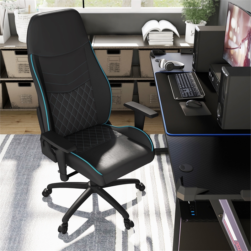 Pemberly Row Faux Leather Adjustable Gaming Chair in Black & Blue