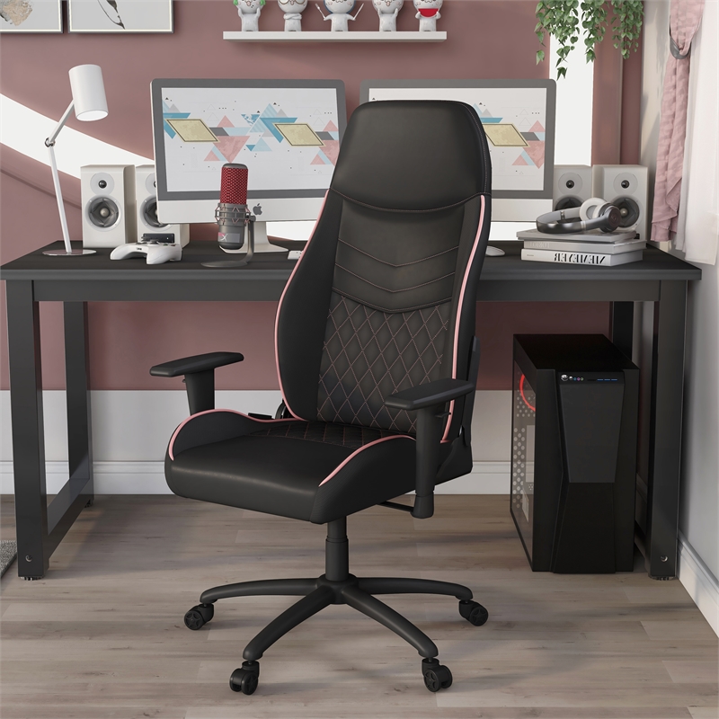 Pemberly Row Faux Leather Adjustable Gaming Chair in Black & Pink