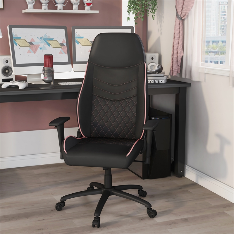 Pemberly Row Faux Leather Adjustable Gaming Chair in Black & Pink