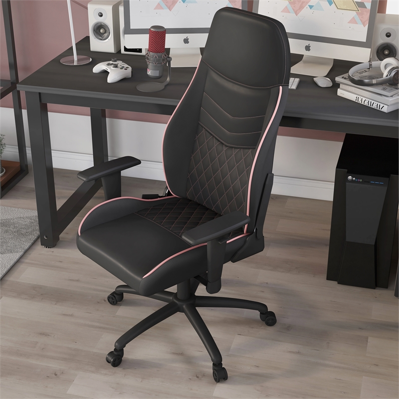 Pemberly Row Faux Leather Adjustable Gaming Chair in Black & Pink