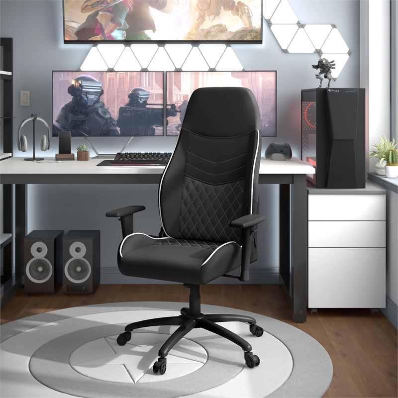 Pemberly Row Faux Leather Adjustable Gaming Chair in Black & White