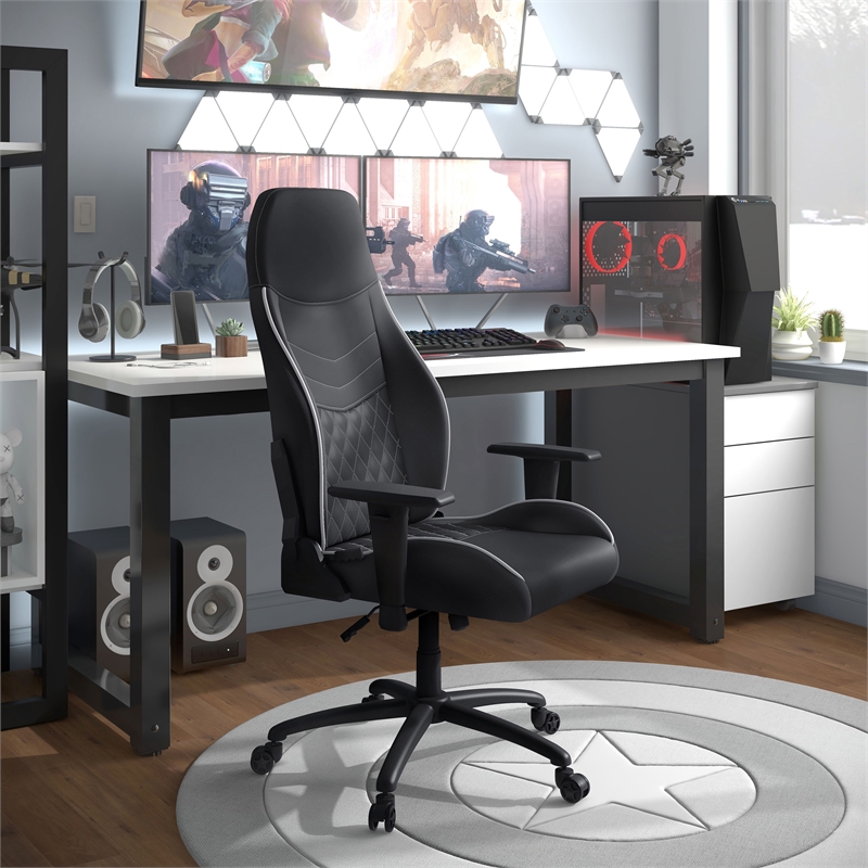 Pemberly Row Faux Leather Adjustable Gaming Chair in Black & White