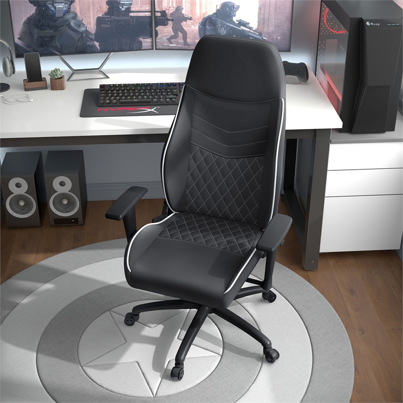 Pemberly Row Faux Leather Adjustable Gaming Chair in Black & White