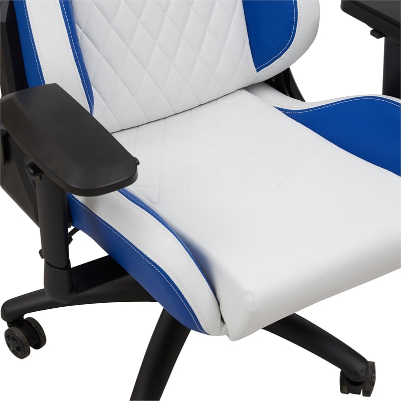 Pemberly Row Faux Leather Adjustable Gaming Chair in White & Blue
