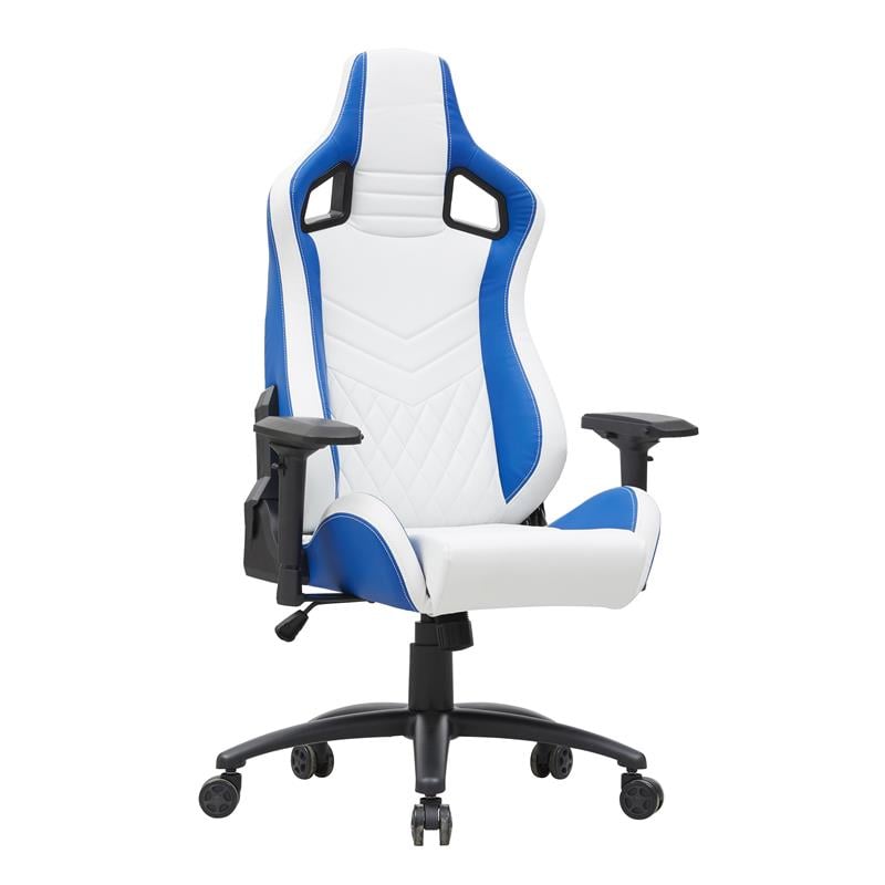 Pemberly Row Faux Leather Adjustable Gaming Chair in White & Blue