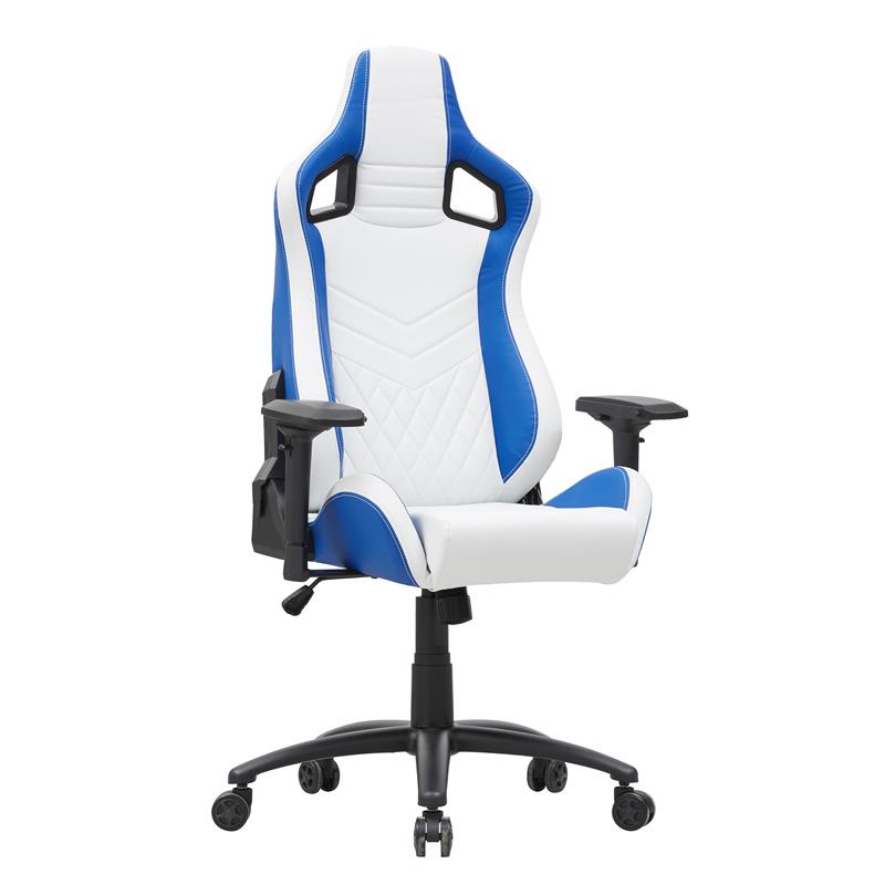 Pemberly Row Faux Leather Adjustable Gaming Chair in White & Blue