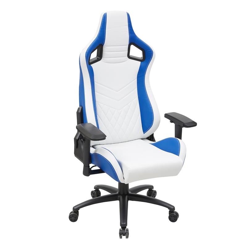 Pemberly Row Faux Leather Adjustable Gaming Chair in White & Blue