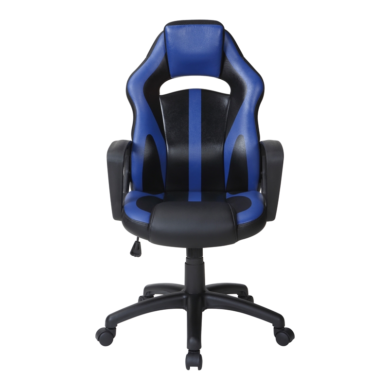 Pemberly Row Gaming Chair in Black Faux Leather with Blue Accents