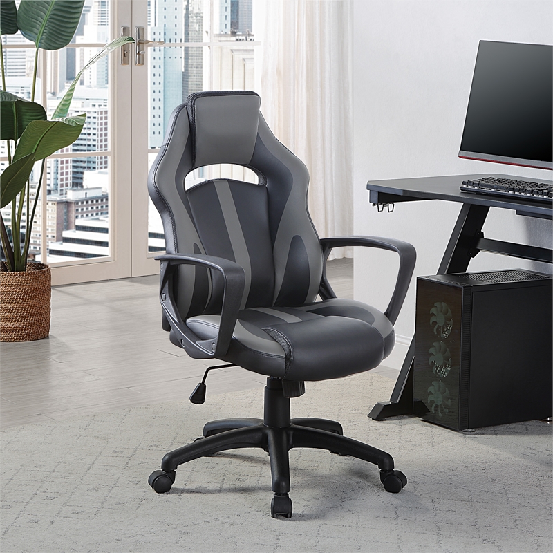 Pemberly Row Gaming Chair in Black Faux Leather with Gray Accents