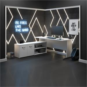 Pemberly Row 72&quotW L-Shaped Gaming Desk with Storage in White - Engineered Wood