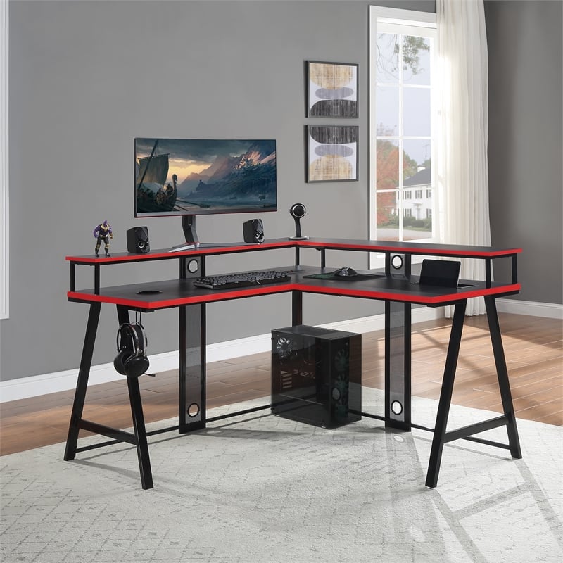 Pemberly Row Contemporary L-Shape Gaming Desk in Metal Black