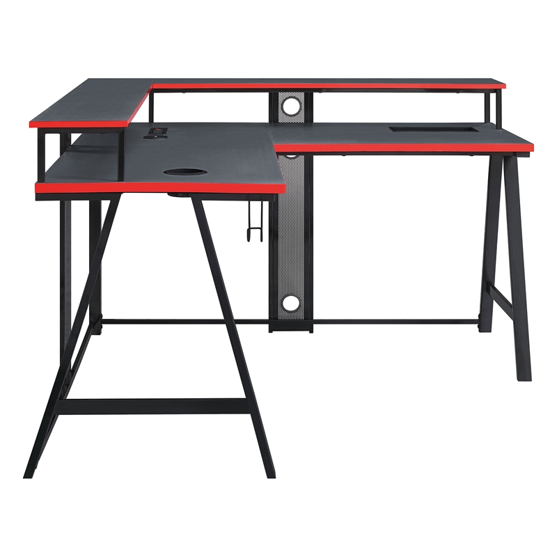 Pemberly Row Contemporary L-Shape Gaming Desk in Metal Black